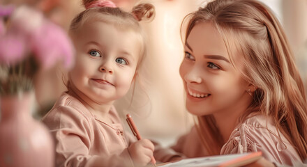A smiling mother and her young daughter enjoy a bonding moment indoors, engaging in an art activity together in a warm and cozy home environment, highlighting their close relationship and happiness.