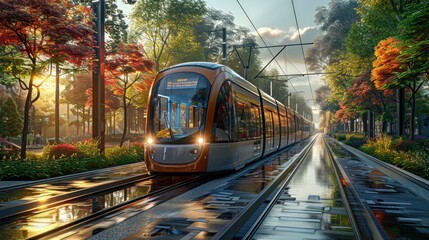 Obraz premium Develop a blank style mock-up of a suburban light rail system connecting residential areas to the city center