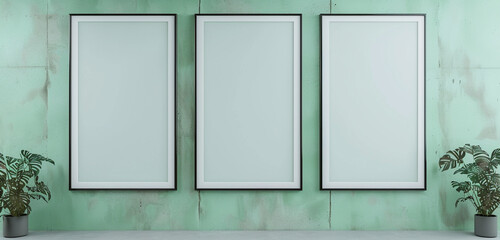 Fototapeta premium Three vertical frames mockup hanging on office wall, mint green walls, modern concrete company interior, 3D rendering,