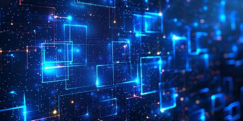 Digital neon grid with glowing blue and pink squares in a futuristic cyber environment

