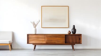Retro Wooden Cabinet and Painting in Minimalist Living Room Interior