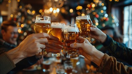 A group of friends clinking their beer glasses together in a lively pub with festive decorations