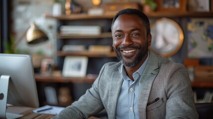 Obraz premium portrait of a successful mature experienced financier a businessman behind the desk smiling and staring at the camera and an african american man at work