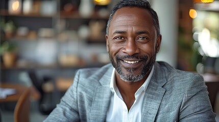 Obraz premium portrait of a successful mature experienced financier a businessman behind the desk smiling and staring at the camera and an african american man at work