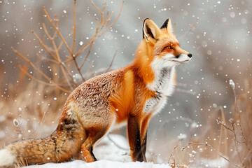 Obraz premium A fox is standing in the snow, looking at the camera