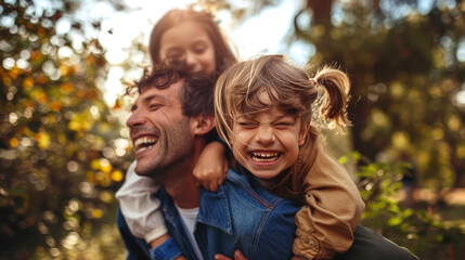 A man is carrying two young girls on his shoulders