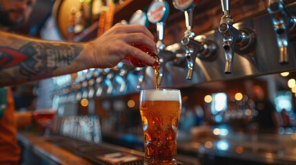 A bartender pouring a draft beer into a frosty glass, with multiple beer taps in the background