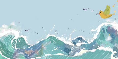 Fototapeta premium Hand-drawn style, simple drawing, flat children's illustration, ancient times, long shot, original style, a yellow bird, in the upper right corner of the picture, surging waves in the background, the 
