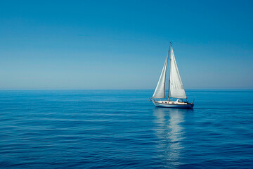 A sailboat is floating on a calm blue sea