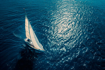 A sailboat is sailing in the ocean with the sun shining on the water