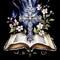 Christian Cross with Bible - Symbol of Christianity - Enlightening by Reading the Bible - Book of Christians - Cross symbol - Crucifixion of Jesus Christ - Holy Rays - Blessing from Above