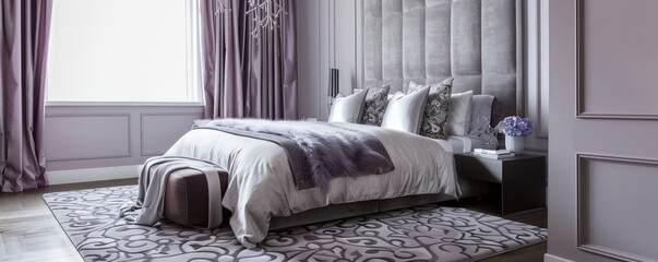 A contemporary luxury bedroom with walls in a pale lavender, featuring a bed with a grey suede headboard. Lavender