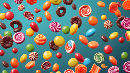 Fototapeta premium Colorful candies flying on the background, Generative AI