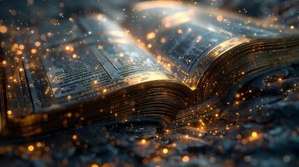 Boundless Expanse of Knowledge Contained Within a Weathered Tome Illuminated with Vibrant Digital Patterns and Abstract Metaphysical Aesthetics