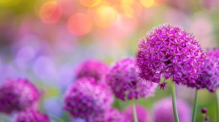 Obraz premium Closeup of vibrant purple flowers with a soft, colorful bokeh background.