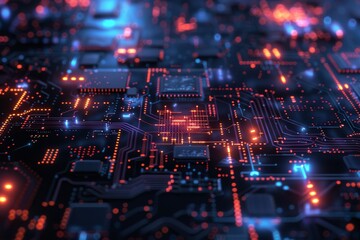 Obraz premium Quantum computer with glowing processors, dark background for text, CuttingEdge Tech, Digital art