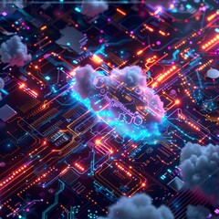 Fototapeta premium Quantum Computing Cloud Quantum computer visuals with cloud effects and text space