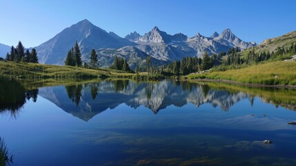 Tranquil and serene mountain lake reflection in the untouched alpine wilderness with clear sky and panoramic view