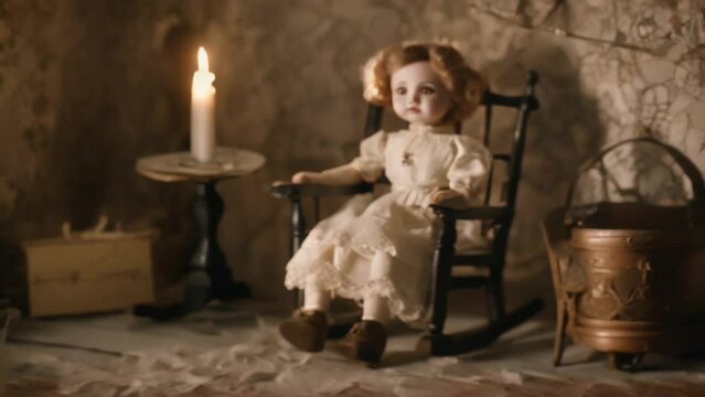 creepy doll sitting on a rocking chair in a dimly lit room. Generative AI