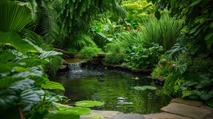 Tranquil, picturesque pond surrounded by vibrant foliage, small waterfall, and exotic plants