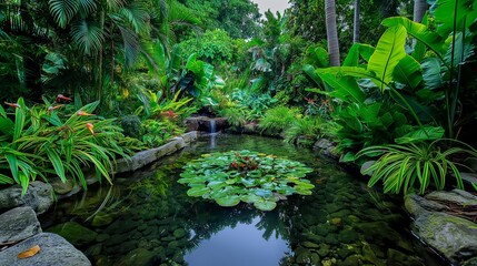 Tranquil pond with lily pads, surrounded by vibrant green flora and a small waterfall