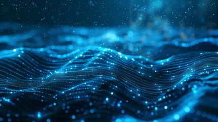 Futuristic digital wave of blue particles in a dynamic data stream，Blue technological rays, lines
