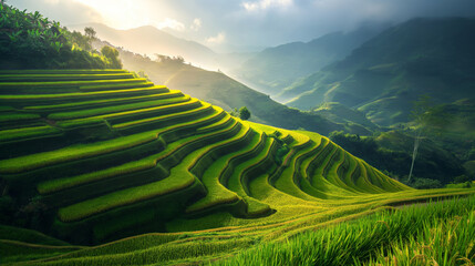 Breathtaking view of a tranquil rice terrace cascading down vibrant green hills, bathed in morning light