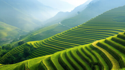 Serene landscape of cascading rice terraces bathed in soft light with vibrant green hues