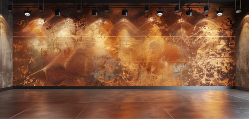Panoramic mock up poster gallery with copper wall, sleek floor, and modern spotlights.