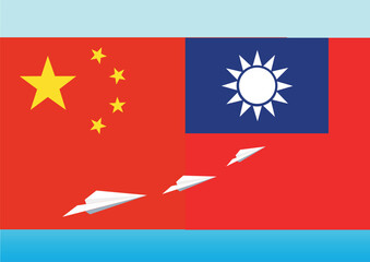 Flags of China and Taiwan with paper planes, the peace and conflict concept design pattern
