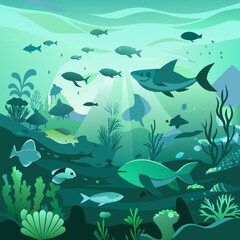 vector showing an underwater scene with diverse marine life, clean water, and no pollution, highlighting the importance of protecting our oceans