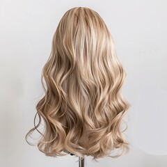 Naklejka premium A high-resolution image of a blonde wig made of real hair, placed on a wig stand against a white background