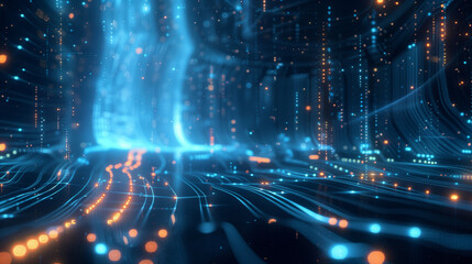 Obraz premium Futuristic digital wave of blue particles in a dynamic data stream，Blue technological rays, lines