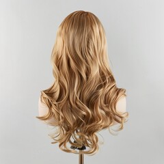 Fototapeta premium A high-resolution image of a blonde wig made of real hair, placed on a wig stand against a white background