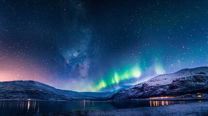 Breathtaking photo capturing the vibrant aurora borealis above a serene snow-covered landscape under a star-studded sky - Powered by Adobe