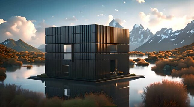 Futuristic modern black cube house on rocky island in the ocean, set in surreal landscape, This striking scene blends innovation with natural beauty