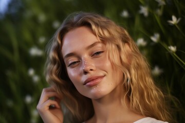 Beauty in nature Beautiful natural blonde woman with freckle skin, applying moisturizer on skin