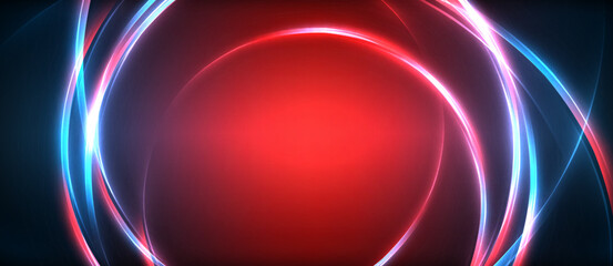 Neon glowing circle rays, light round lines in the dark, planet style neon wave lines. Energetic electric concept design for wallpaper, banner, background