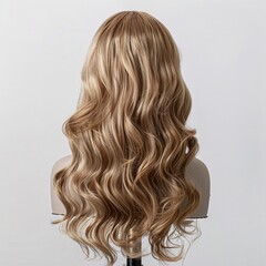 Fototapeta premium A high-resolution image of a blonde wig made of real hair, placed on a wig stand against a white background