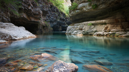 Tranquil blue river gently flowing through a rugged canyon surrounded by forested cliffs