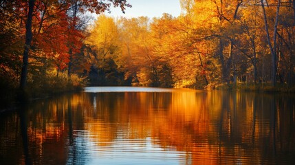 Obraz premium Serene lake mirrors the vibrant hues of autumn foliage at sunset