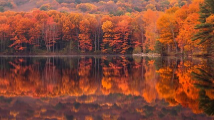 Serene lake reflecting vibrant fall foliage at sunset, showcasing nature's fiery colors