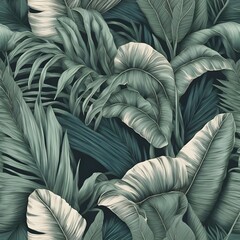 Fototapeta premium tropical seamless pattern with beautiful palm banana leaves hand drawn vintage 3d illustration