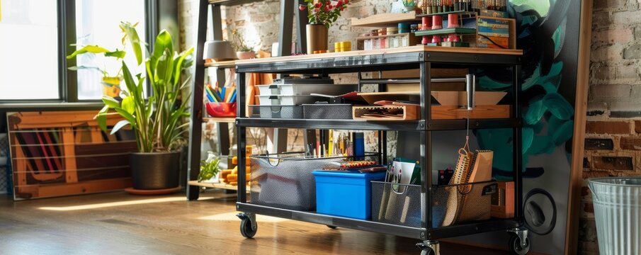 Show the industrial-style rolling cart in a creative workspace, filled with colorful art supplies or neatly organized tech gear, highlighting its adaptability for various uses
