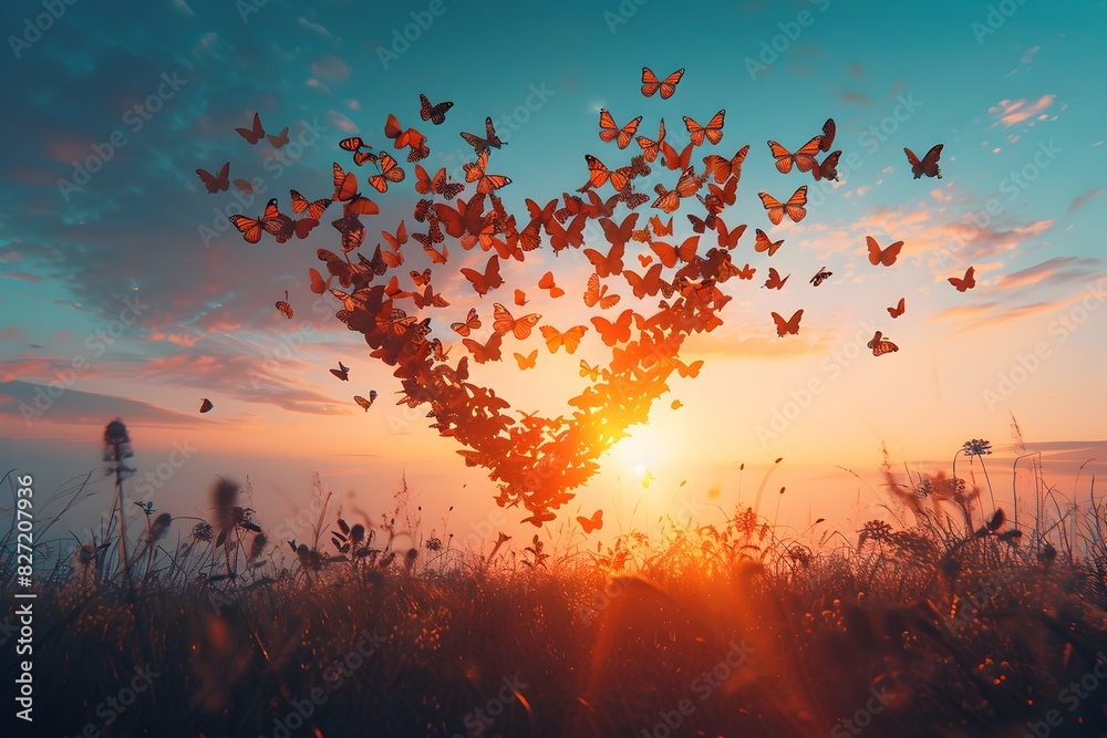 Wall mural Ethereal Butterfly Heart Swarm:A Magical Moment of Love in the Serene Countryside Landscape