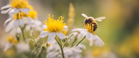 Honey Bee Collecting Pollen from a Beautiful Yellow Flower, Capturing the Essence of Spring and Summer in a Wild Nature Landscape Banner.
