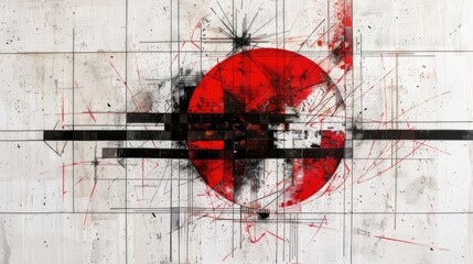 Abstract geometric painting with red circle and black lines, modern art, white background