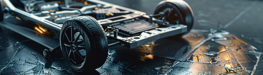 Obraz premium Electric vehicle chassis showcasing integrated solidstate batteries, realistic photography, high resolution, clean energy, cuttingedge power technology
