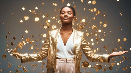 An embodiment of prosperity, an individual stands amidst a shower of golden coins, arms outstretched in a golden blazer. This image is a powerful symbol of wealth, success