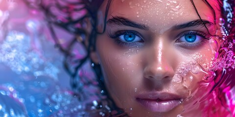 Emerging Woman Locking Eyes with Camera: Wet Hair Flowing. Concept Portrait Photography, Empowerment, Confidence, Wet Hair, Eye Contact